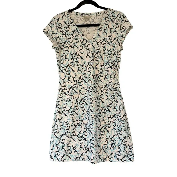 Athleta Nectar Blue White Scroll Vine Faux-Wrap Dress, Sz XS - Picture 9 of 12